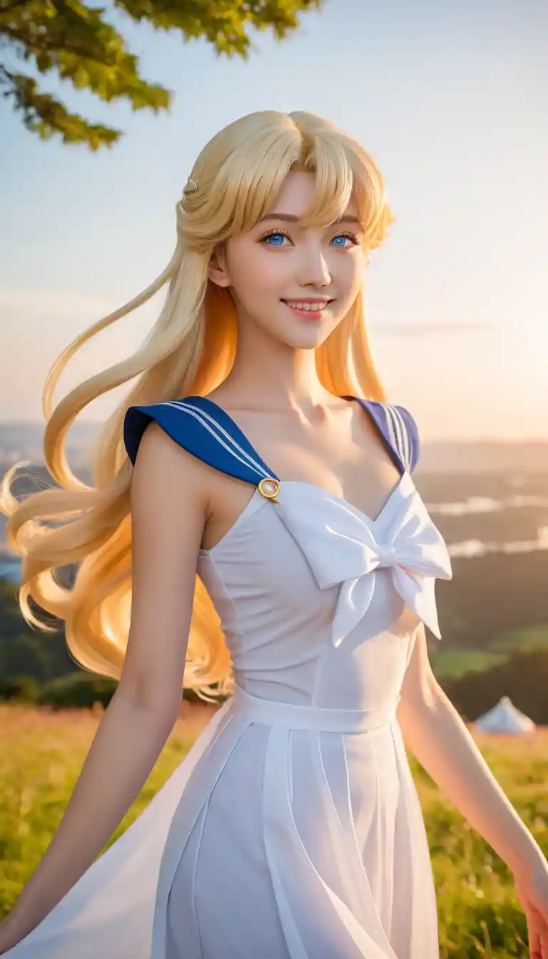夕陽に包まれた喜びあふれる金髪アニメ少女