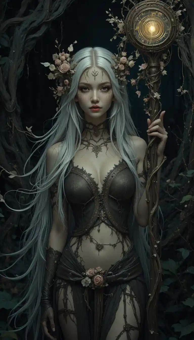 Forest nymph holding a glowing staff in the darkness