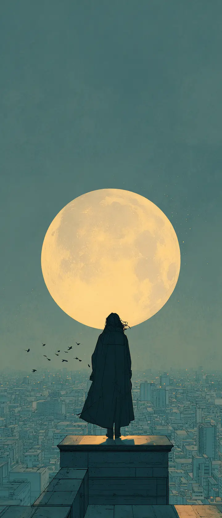 Woman On Windy Rooftop Under A Paper Full Moon