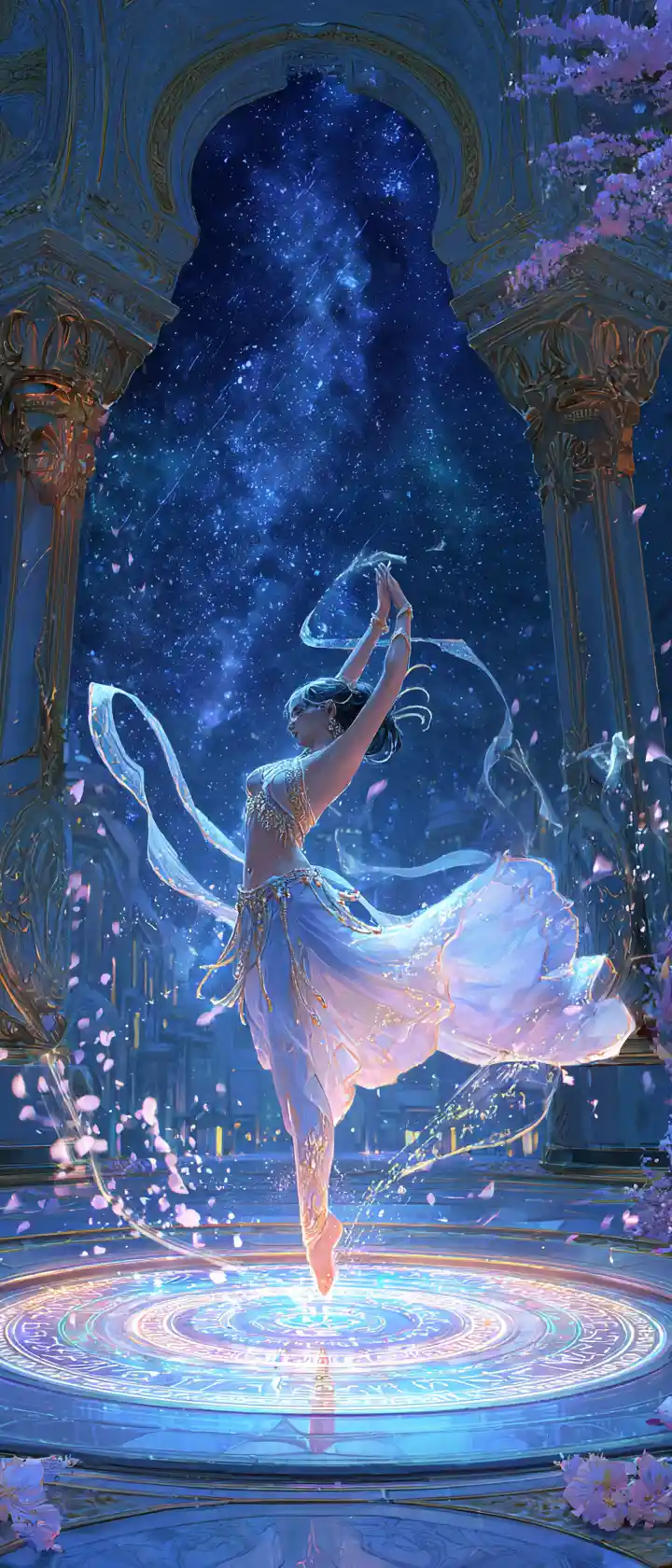 Danseuse de fantasy orientale sur scène en pierre runique lumineuse