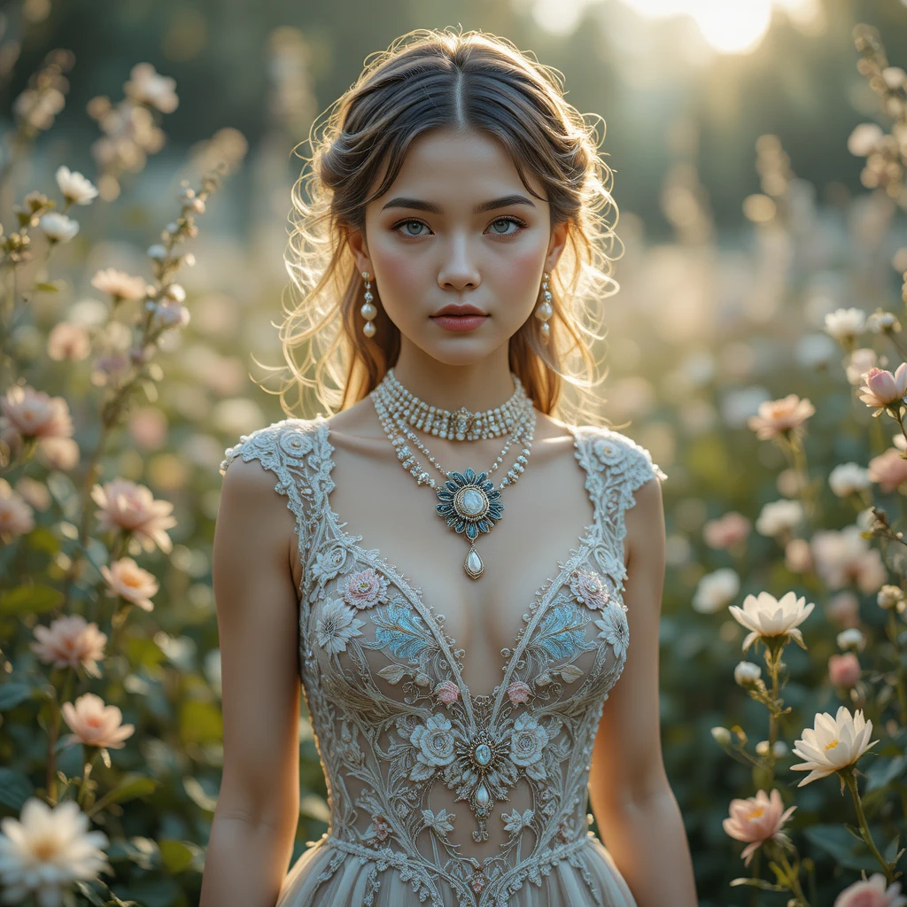 Young woman in lace among pastel flowers at golden hour