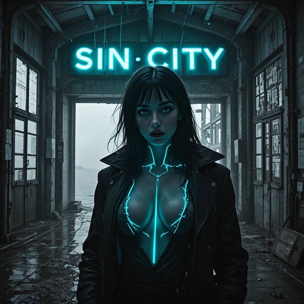 Cyberpunk woman under neon light in abandoned terminal