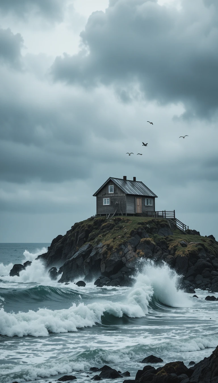 Casa de madera solitaria en acantilados sobre un mar gris y tormentoso