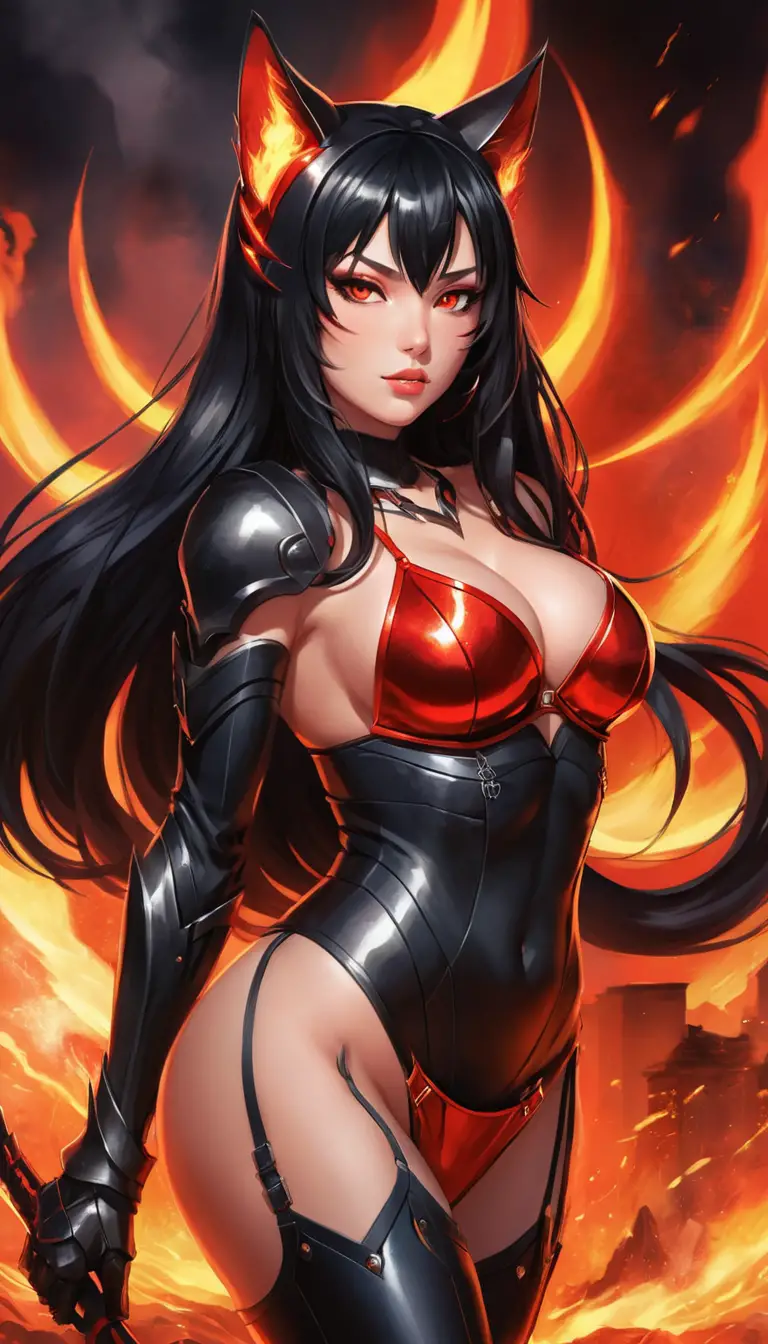 Anime warrior woman in black armor before blazing flames
