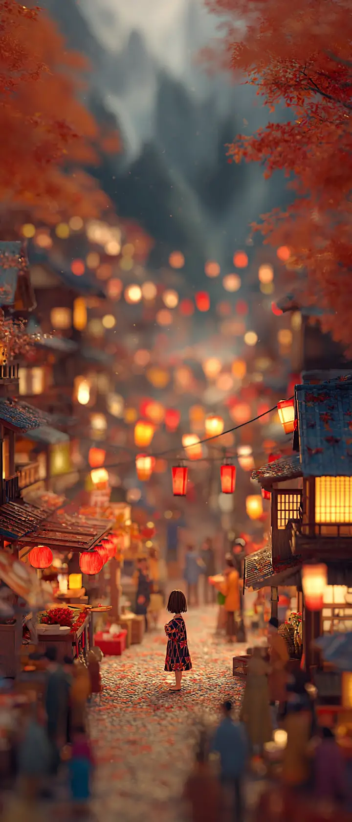 Anime girl at autumn festival in a misty mountain village