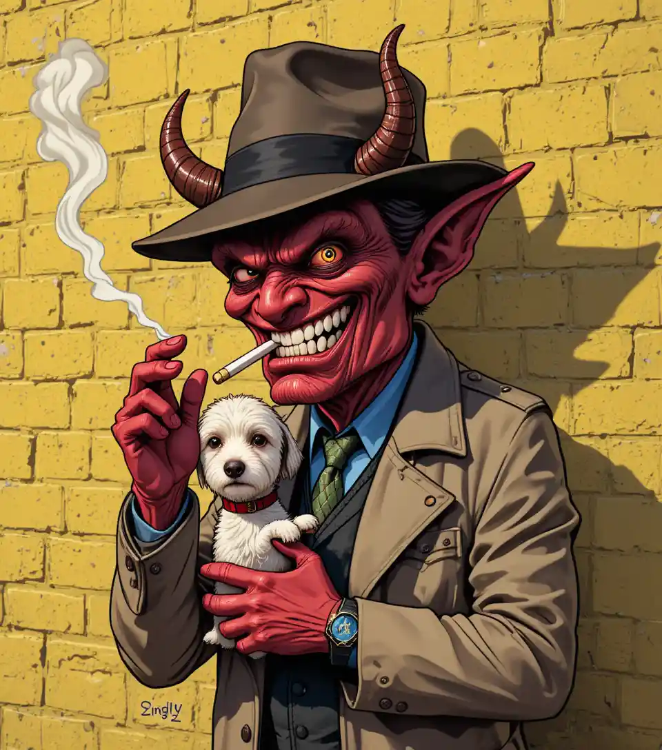 Cartoon demon in trench coat holding small dog