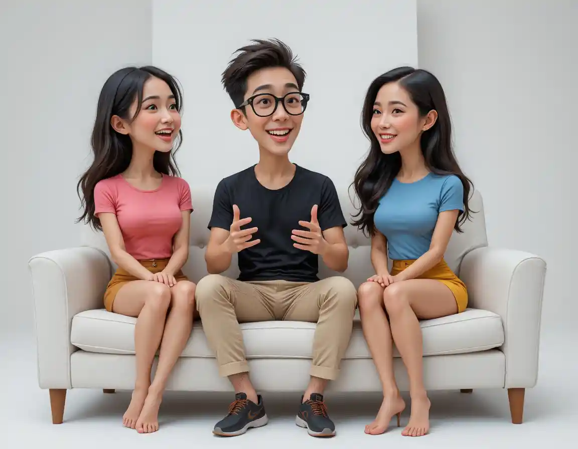 Tres amigos hablando juntos en un sofá blanco de estudio