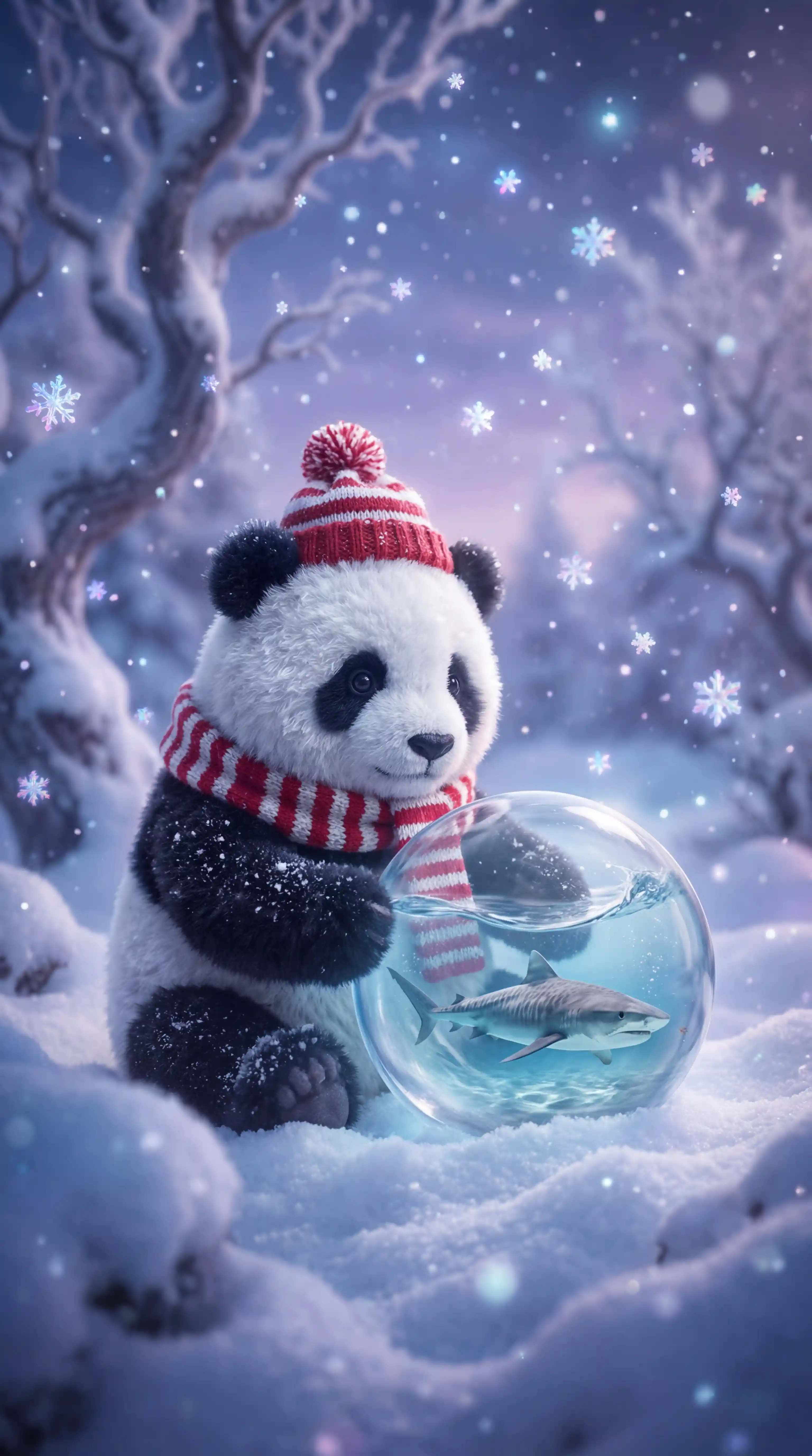 Panda esponjoso en la nieve sosteniendo una esfera de vidrio mágica