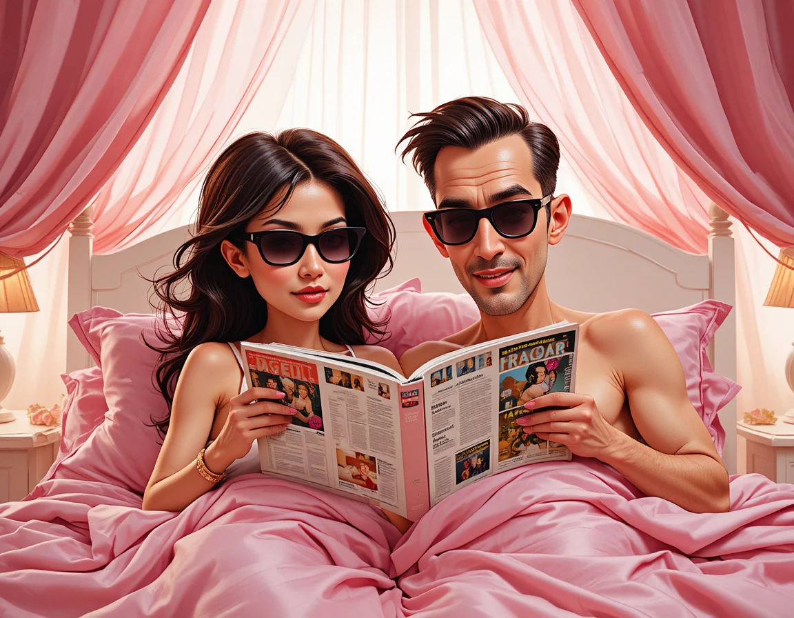 Mature couple reading magazines together in a pink bedroom