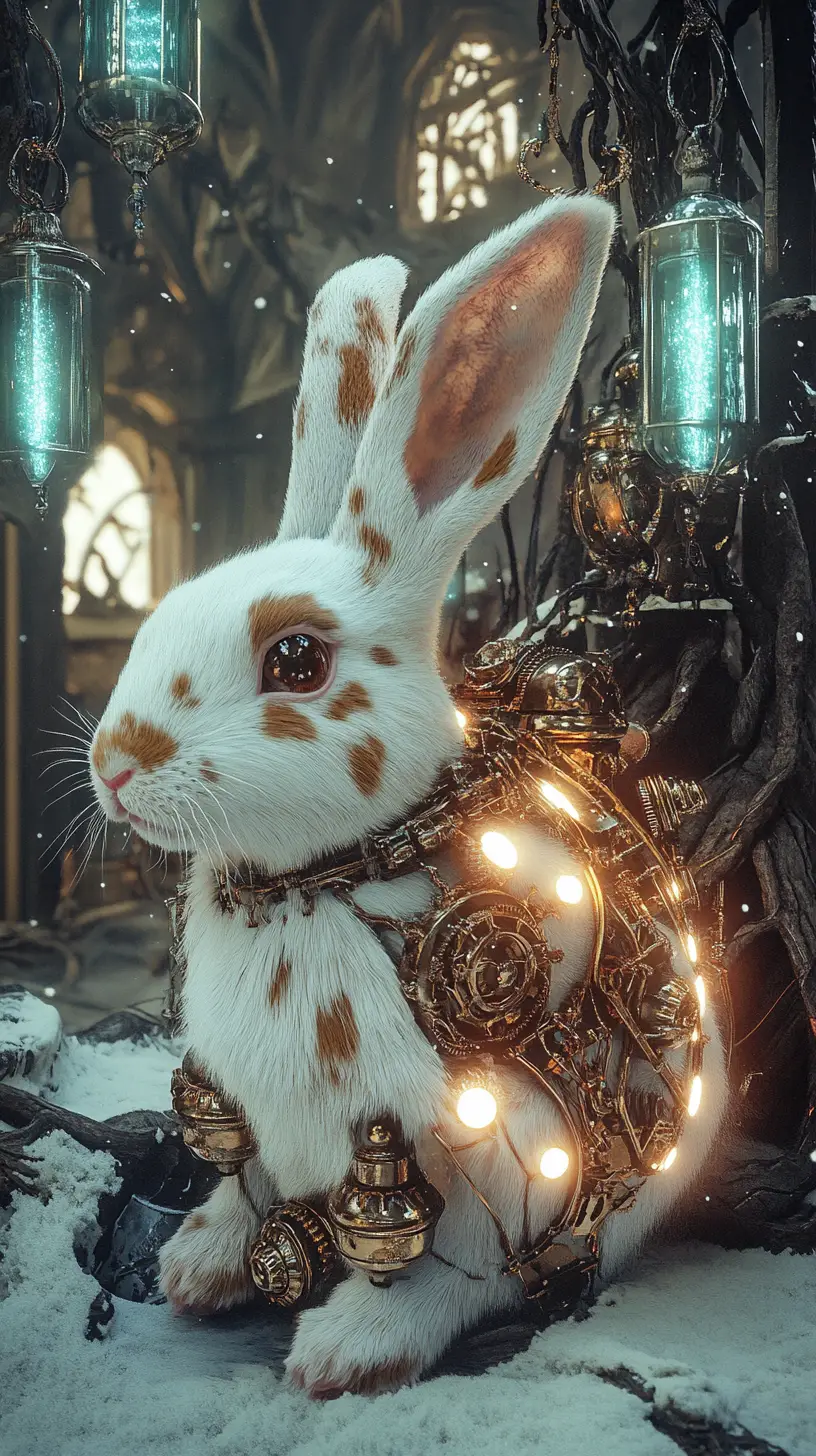 Steampunk rabbit glowing with energy in snowy forest