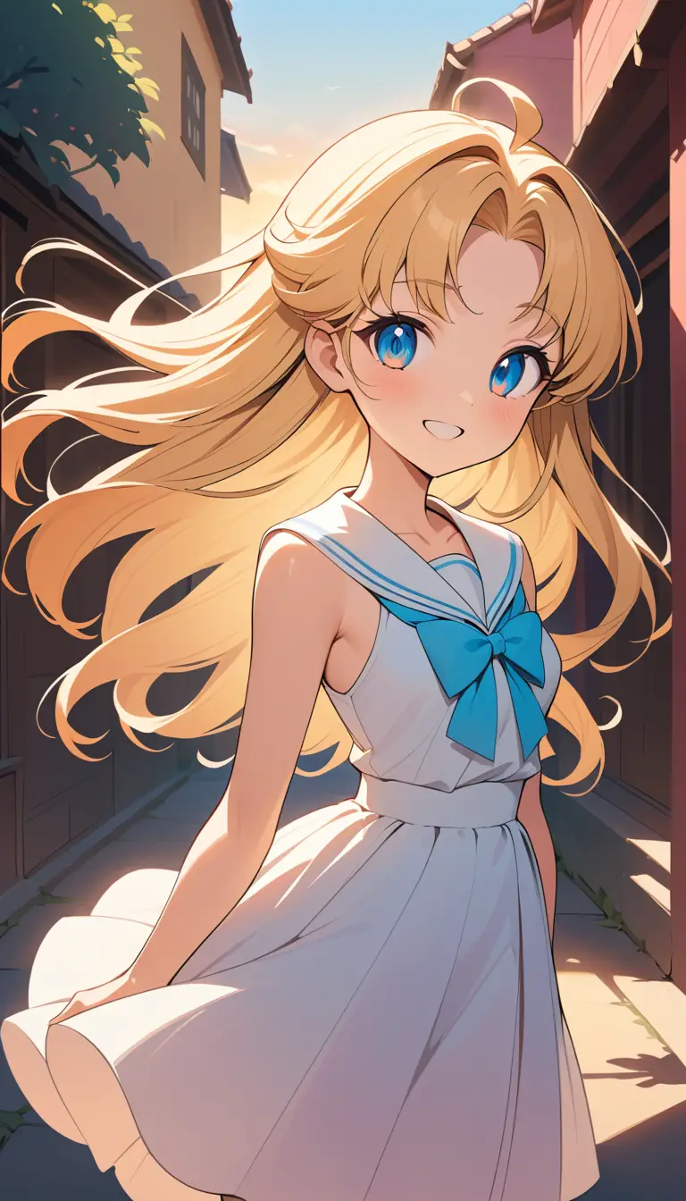 Smiling blonde anime woman at sunset in romantic outfit