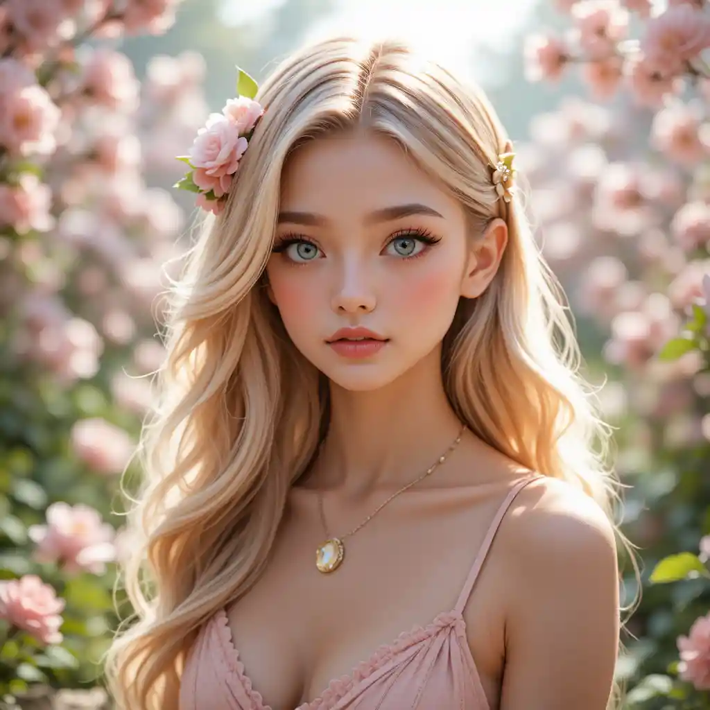 Anime-Mädchen mit blondem Haar in einem weichen Blumengarten