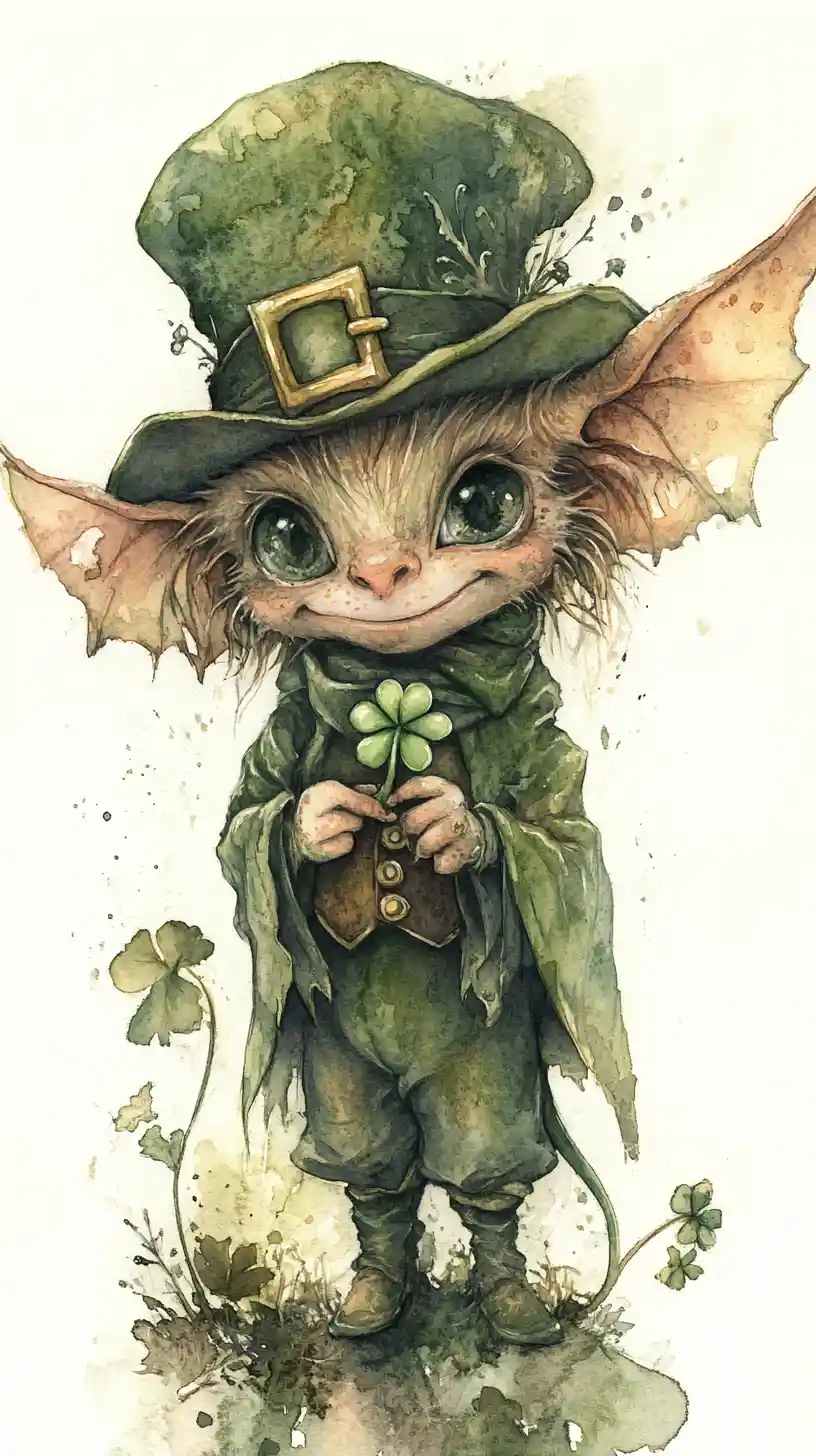 Leprechaun onírico em aquarela segurando um pequeno trevo