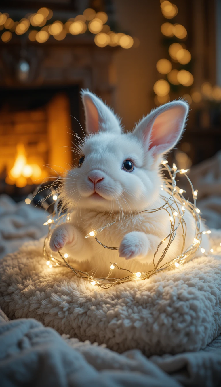 Flauschiges weißes Kaninchen in leuchtende Lichterkette gehüllt
