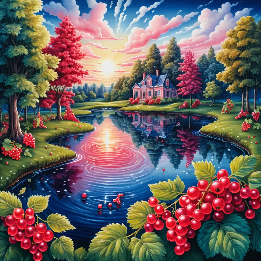 Plantación surrealista de grosella roja alrededor de un tranquilo lago de verano
