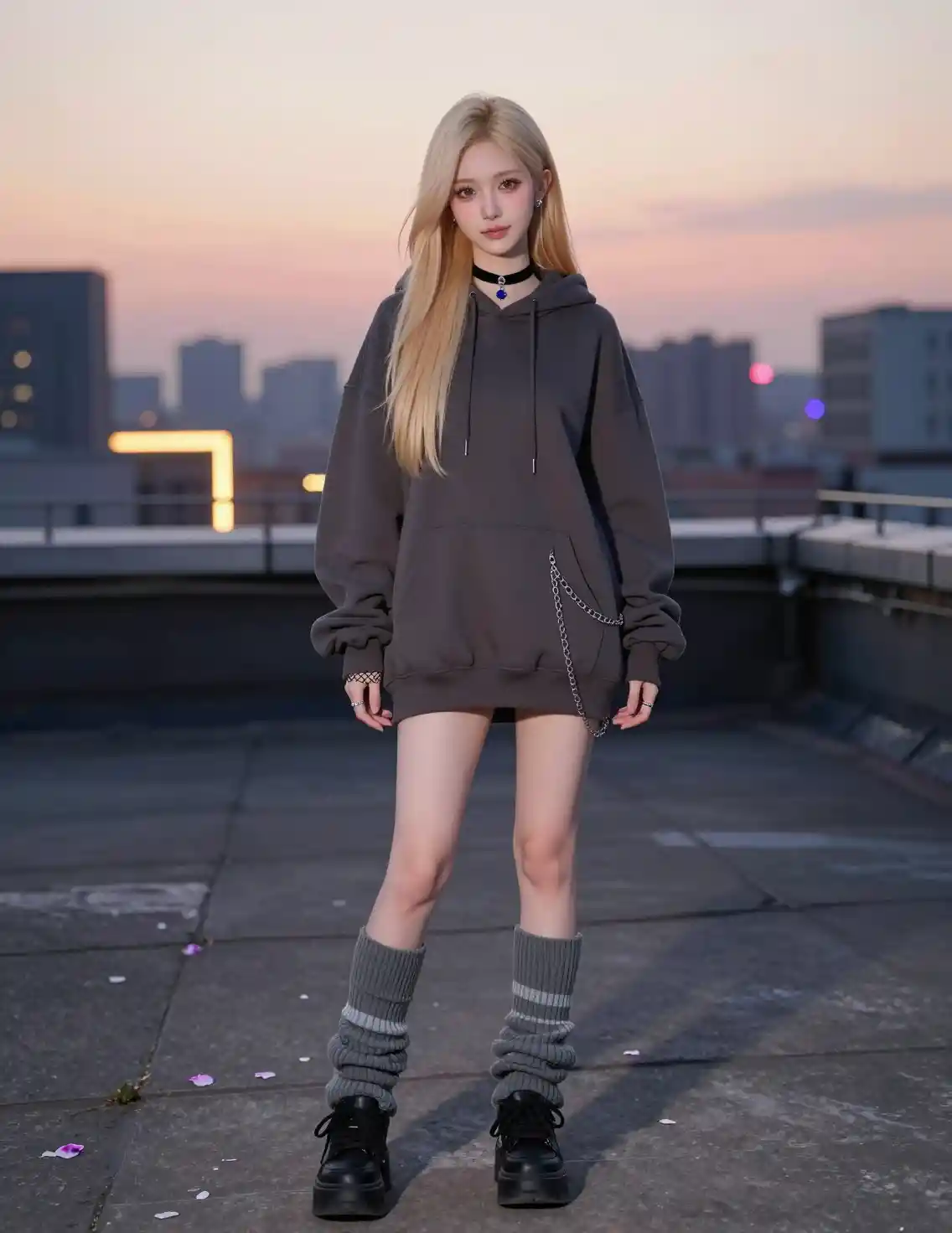 Androgynous anime boy on rooftop at golden hour