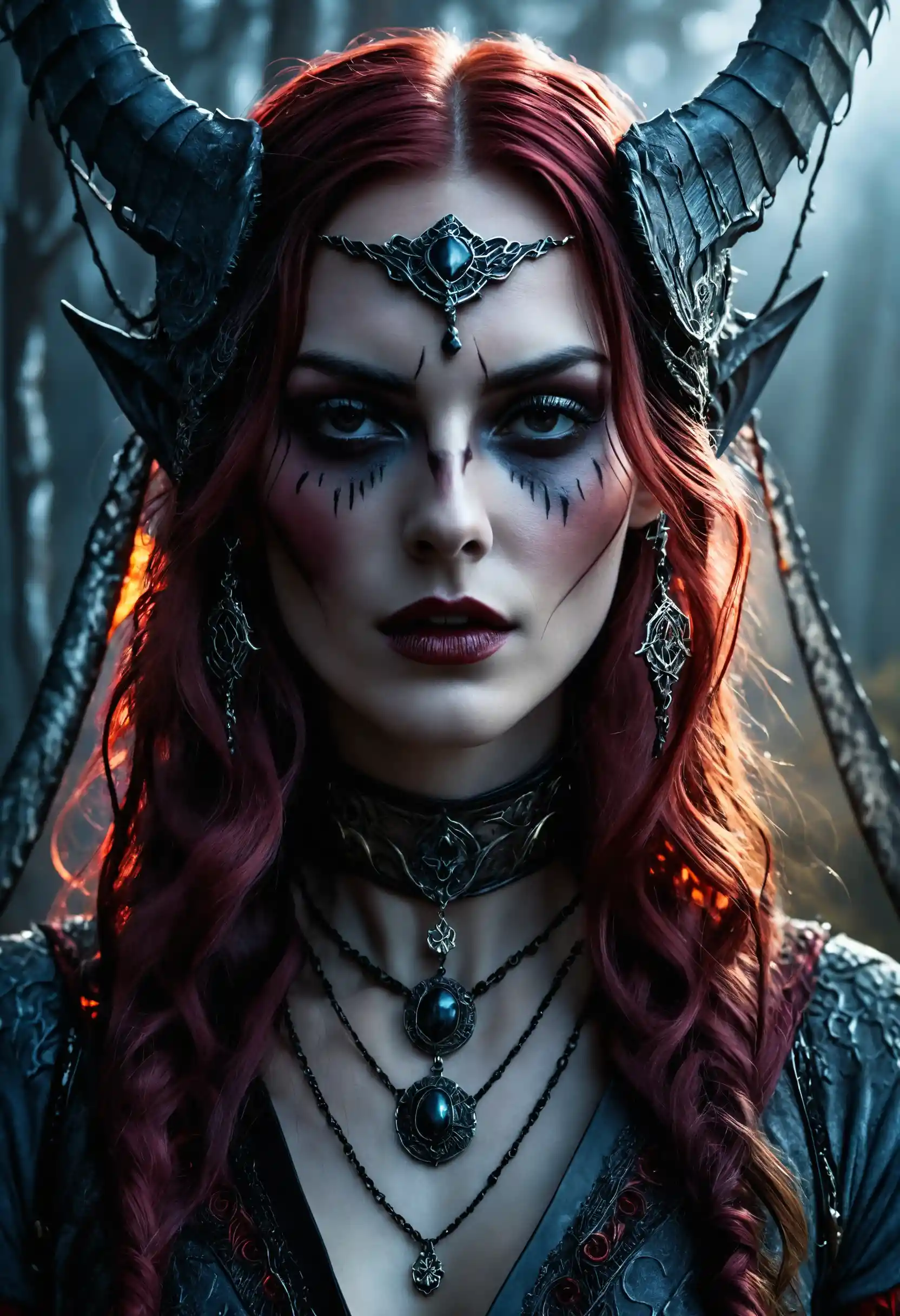 Mujer gótica de fantasía de cuerpo completo en escena cinematográfica a la luz de la luna