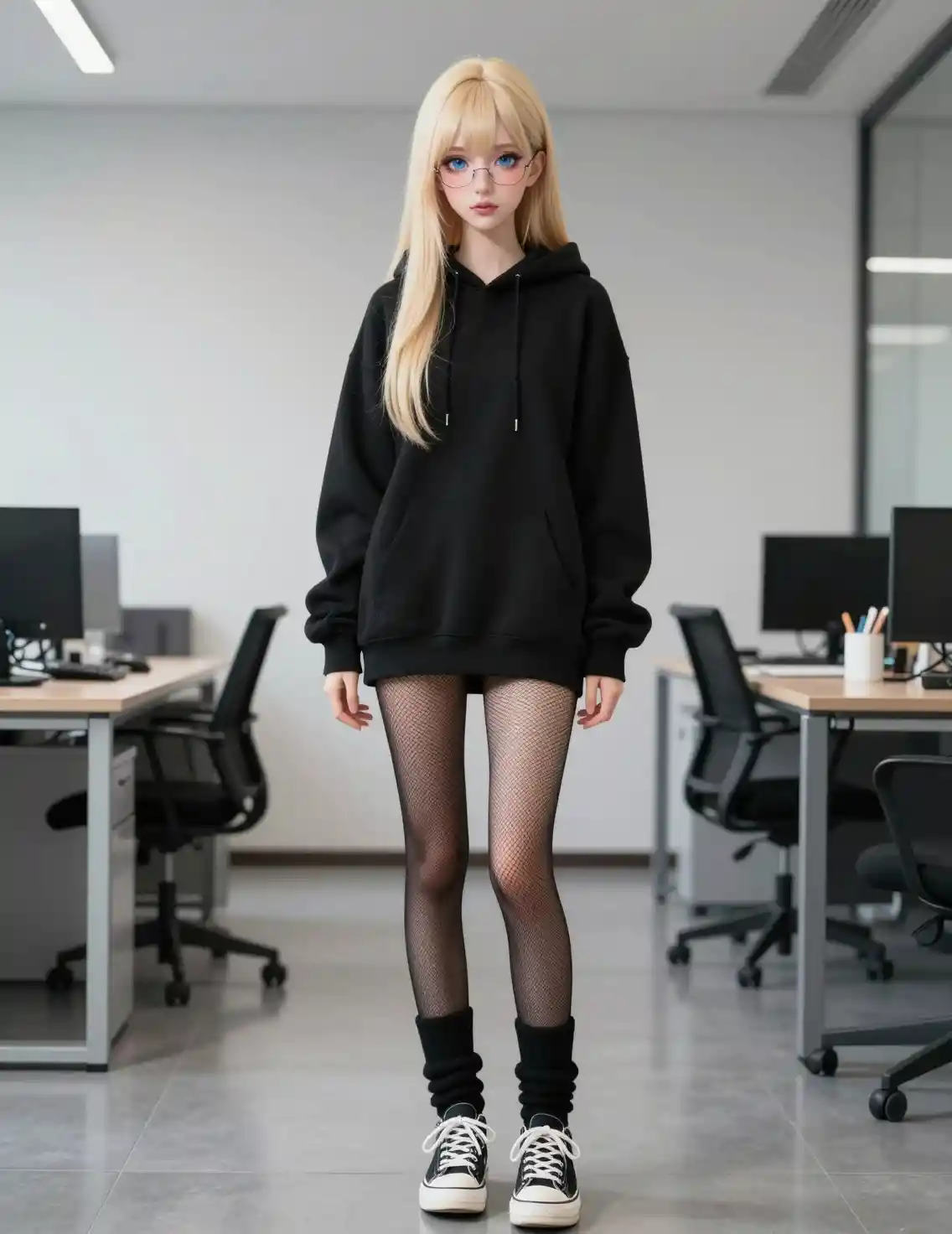 Androgyn wirkender Anime-Junge in schwarzer Streetwear steht im Büro