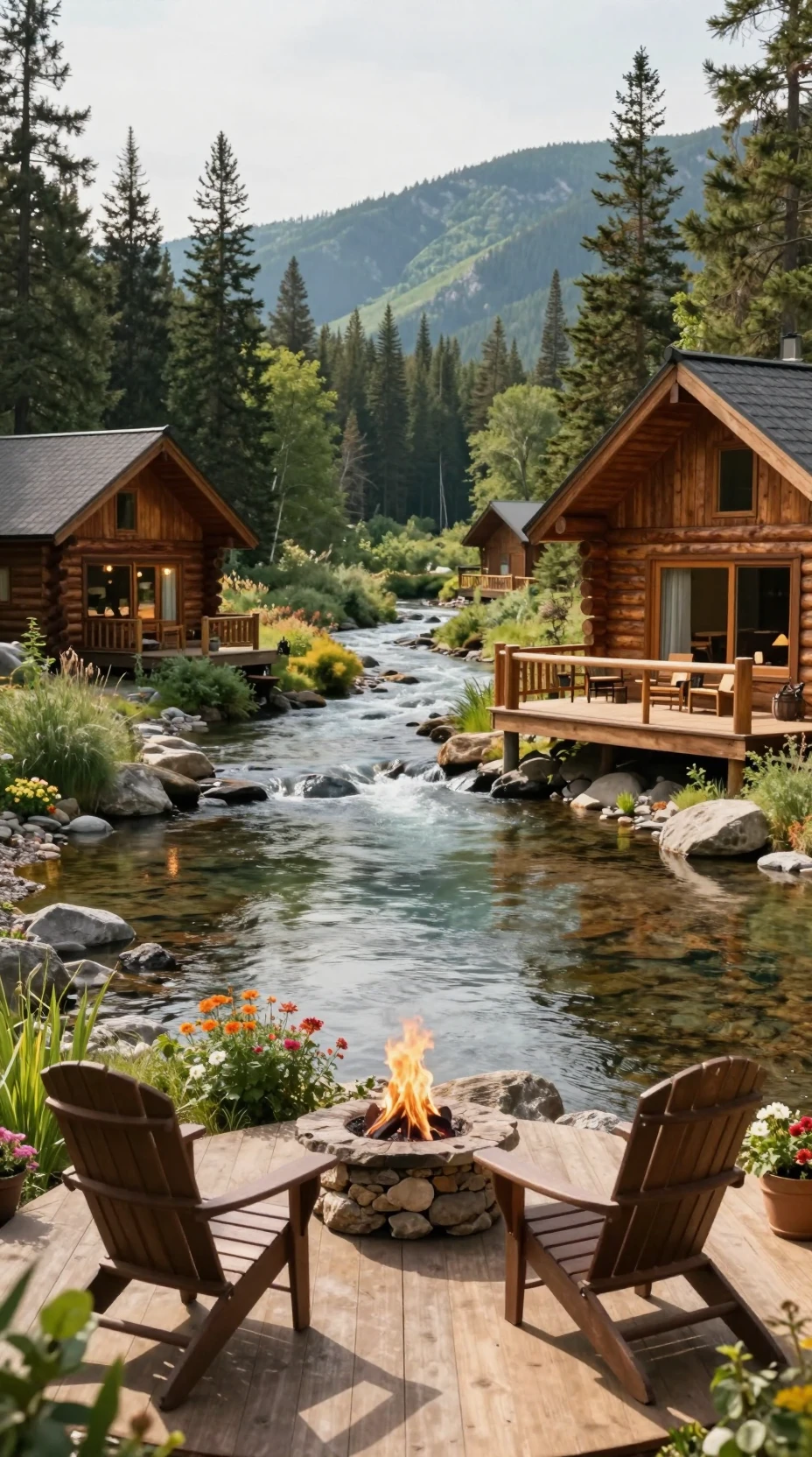 Gemütliche Blockhütte am Fluss in einem friedlichen Bergtal