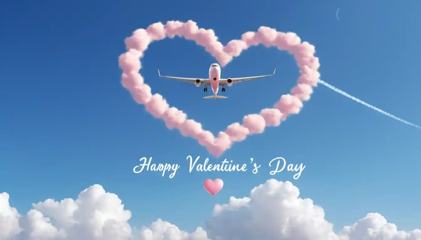 Aereo che scrive un messaggio di felice San Valentino nel cielo di nuvole