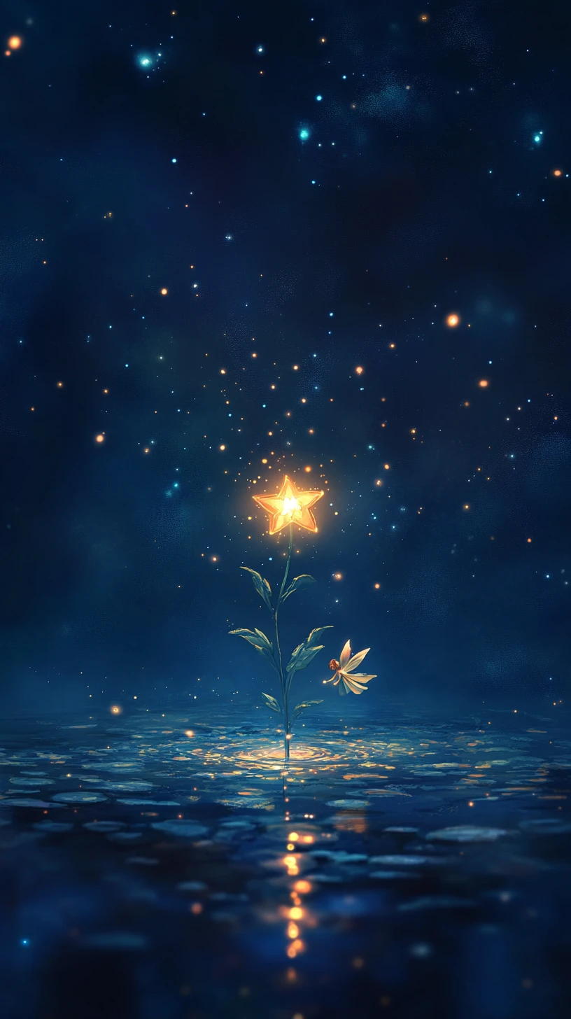 Fiore Stella Luminoso sull’Acqua Notturna Quieta con Piccola Fata