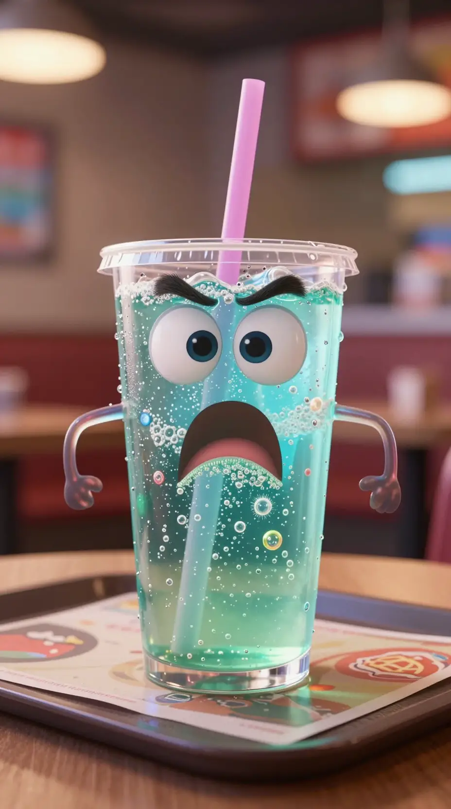ファストフードトレイの上の緊張した炭酸飲料キャラクター