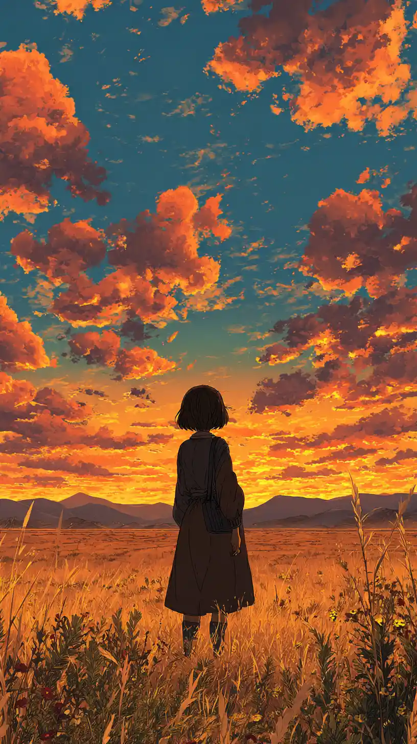 Anime girl in a golden field at sunset