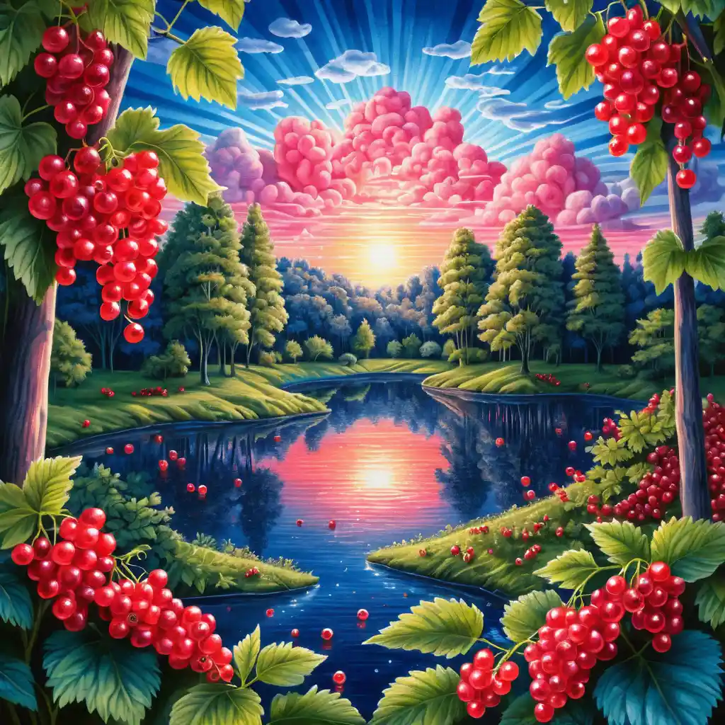 Lago Surreal al Amanecer en un Paisaje Veraniego con Grosellas Rojas