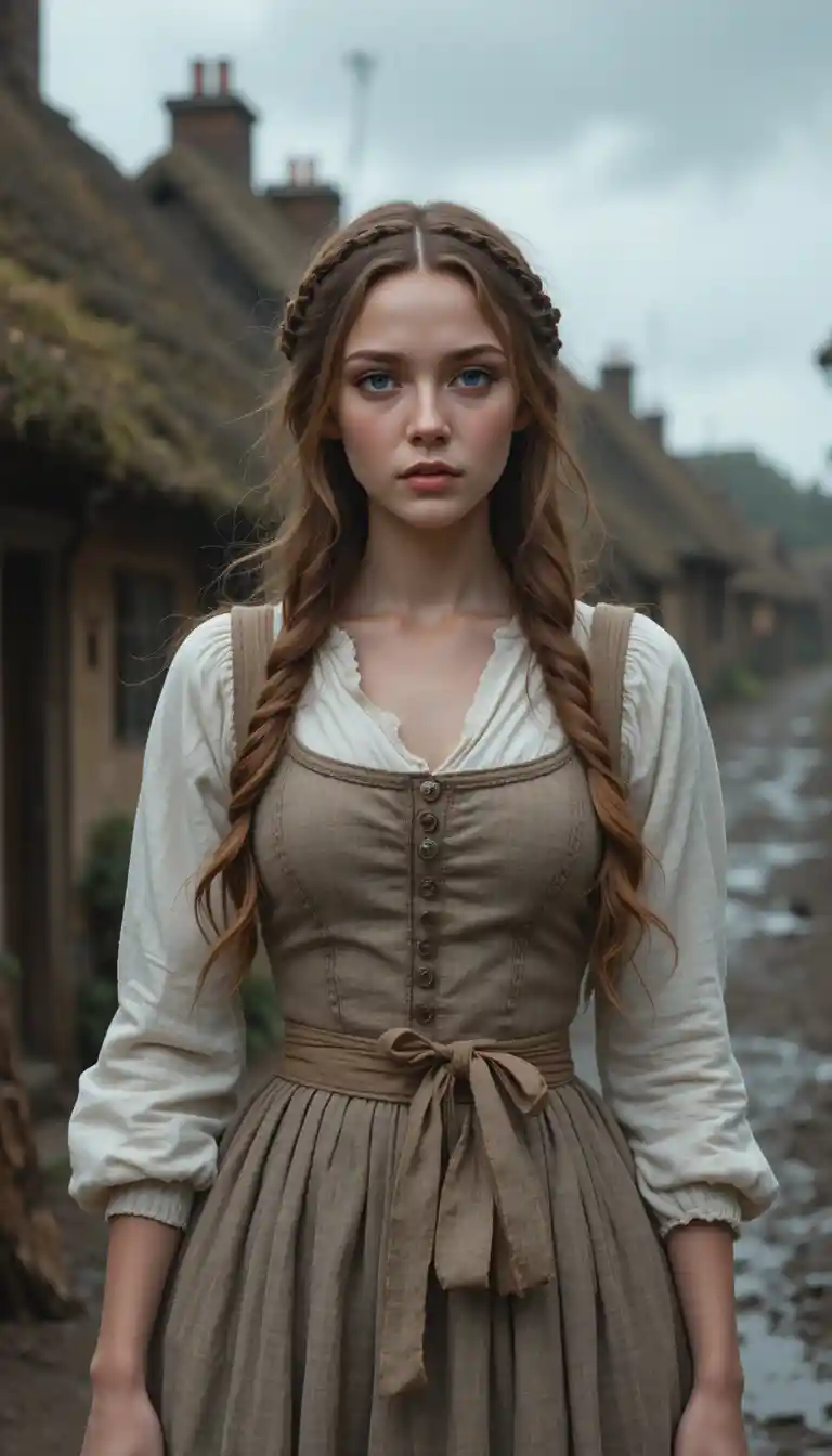 Young village woman standing on a muddy country street
