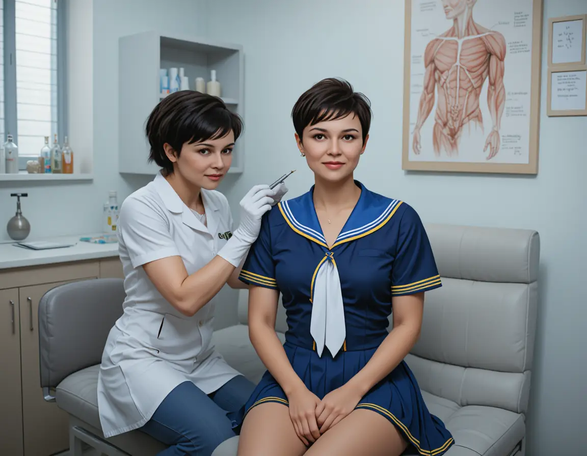Nurse examining cheerleader girl in a clinical medical office