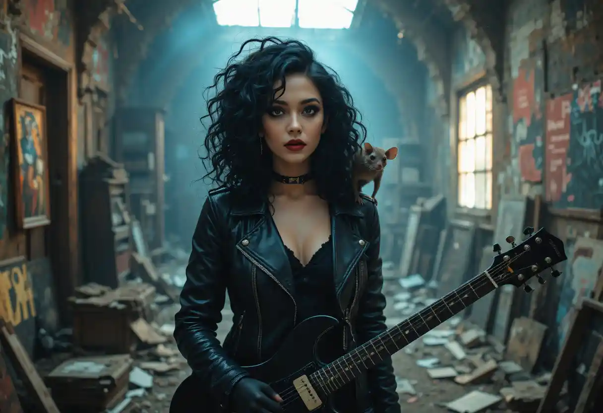 Gothic-Frau mit Gitarre in einem verfallenen dunklen Studio