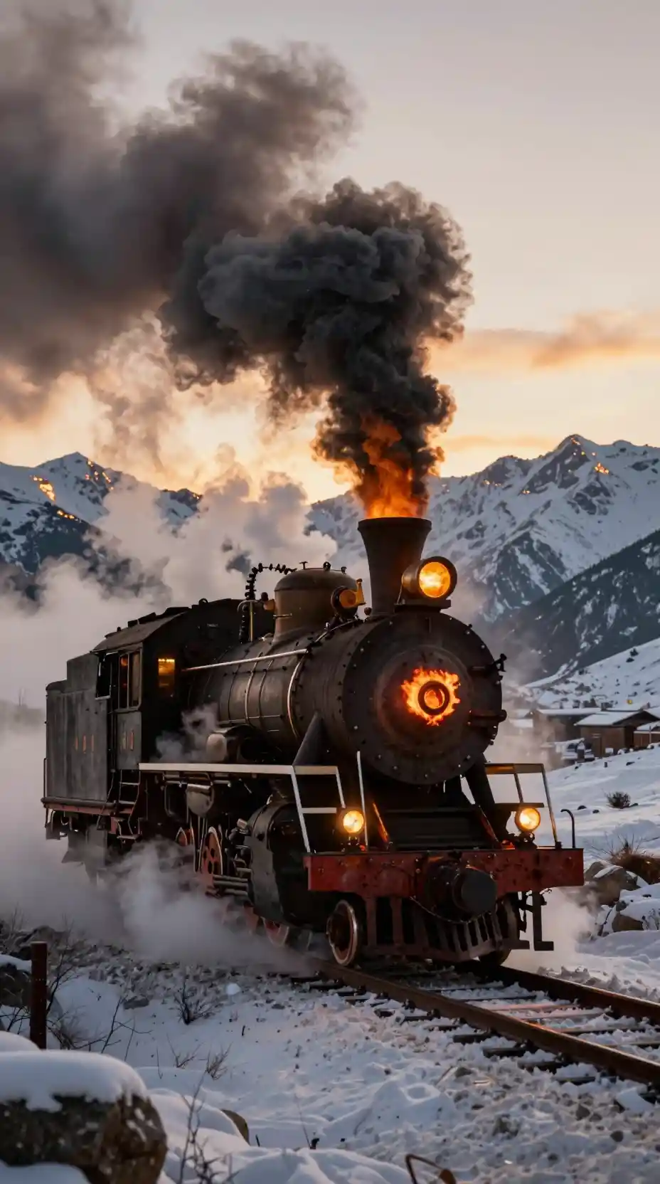 Tren de vapor tronando entre montañas nevadas al atardecer