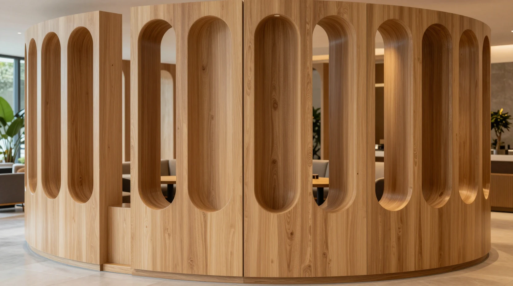 Curved wooden room divider in a contemporary lounge