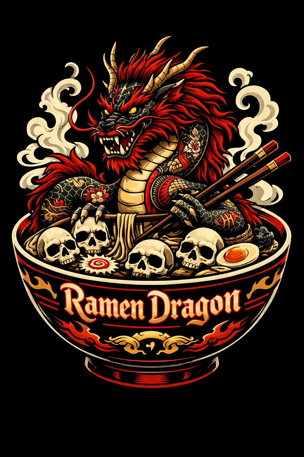 Ciotola di ramen gotica con drago e teschi galleggianti – illustrazione