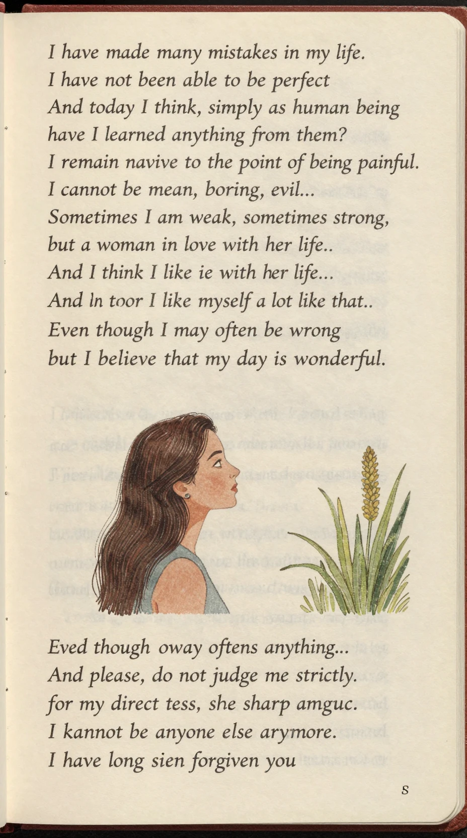 Pastel portrait of a thoughtful woman embracing her life