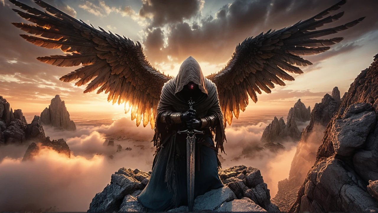 Hooded stone angel on rocky dune at glowing sunset