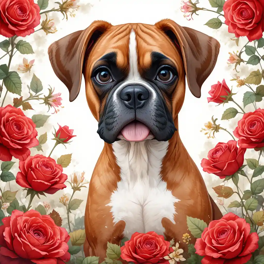 赤いバラに囲まれたかわいいボクサー犬の水彩イラスト