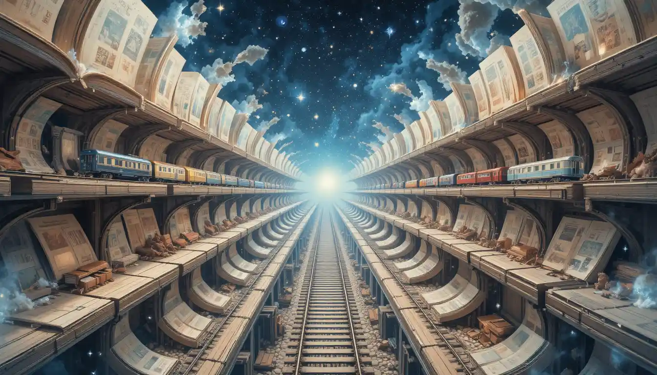 Vue plongeante fantastique d’une gare céleste à étages