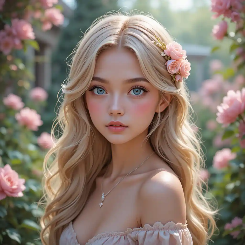 Romantic anime girl portrait in a soft flower garden