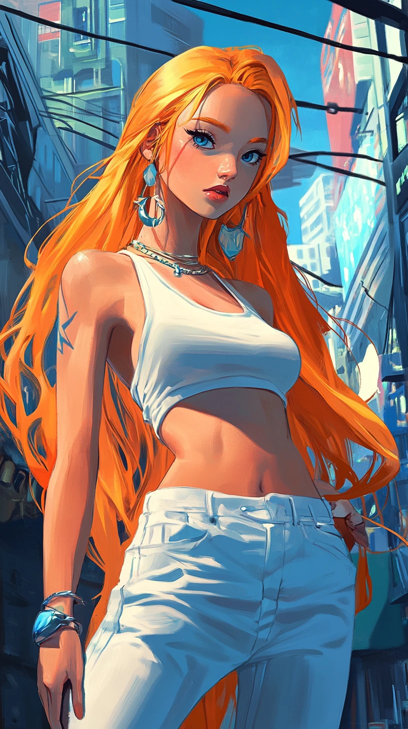 Anime woman with blue eyes in a modern city street