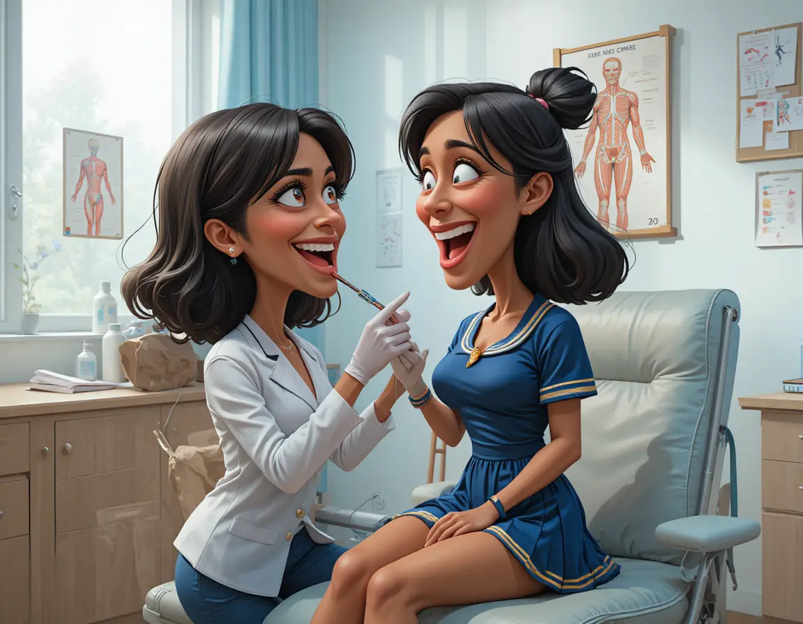 Cheerleader medical exam with nurse using tongue depressor