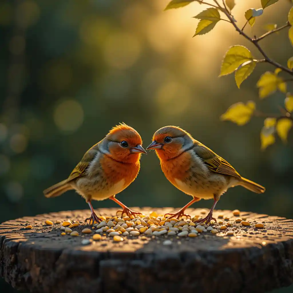 Two small songbirds feeding on a rustic wooden bird table