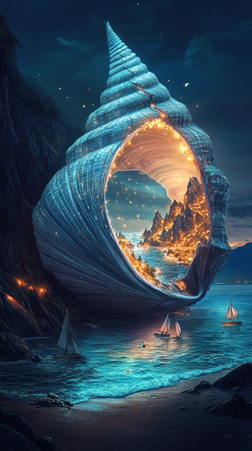 Giant seashell portal revealing a glowing inner world