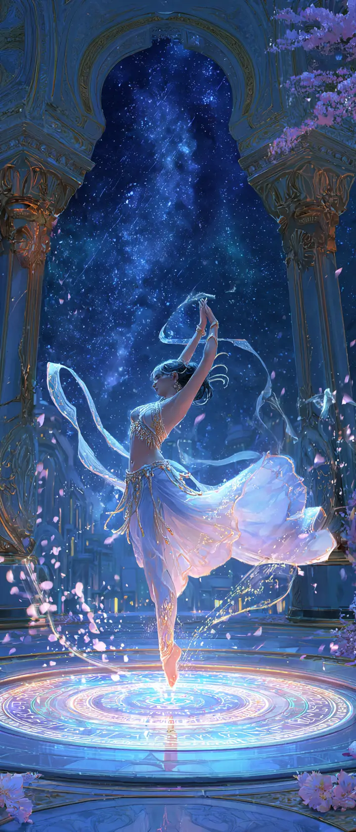 Oriental fantasy dancer on glowing rune stone stage