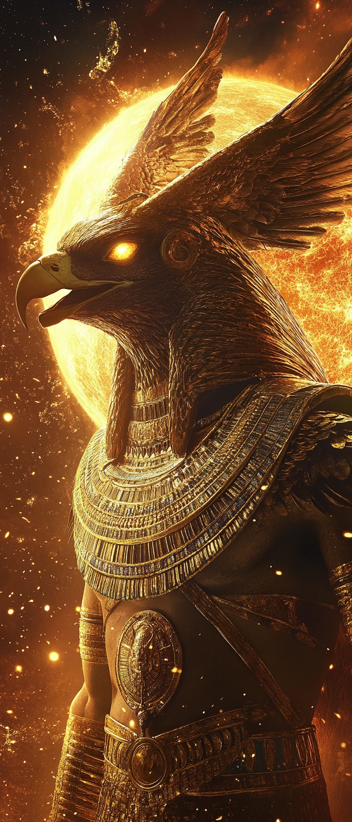 Cinematic close up of an Egyptian sun god in cosmic space