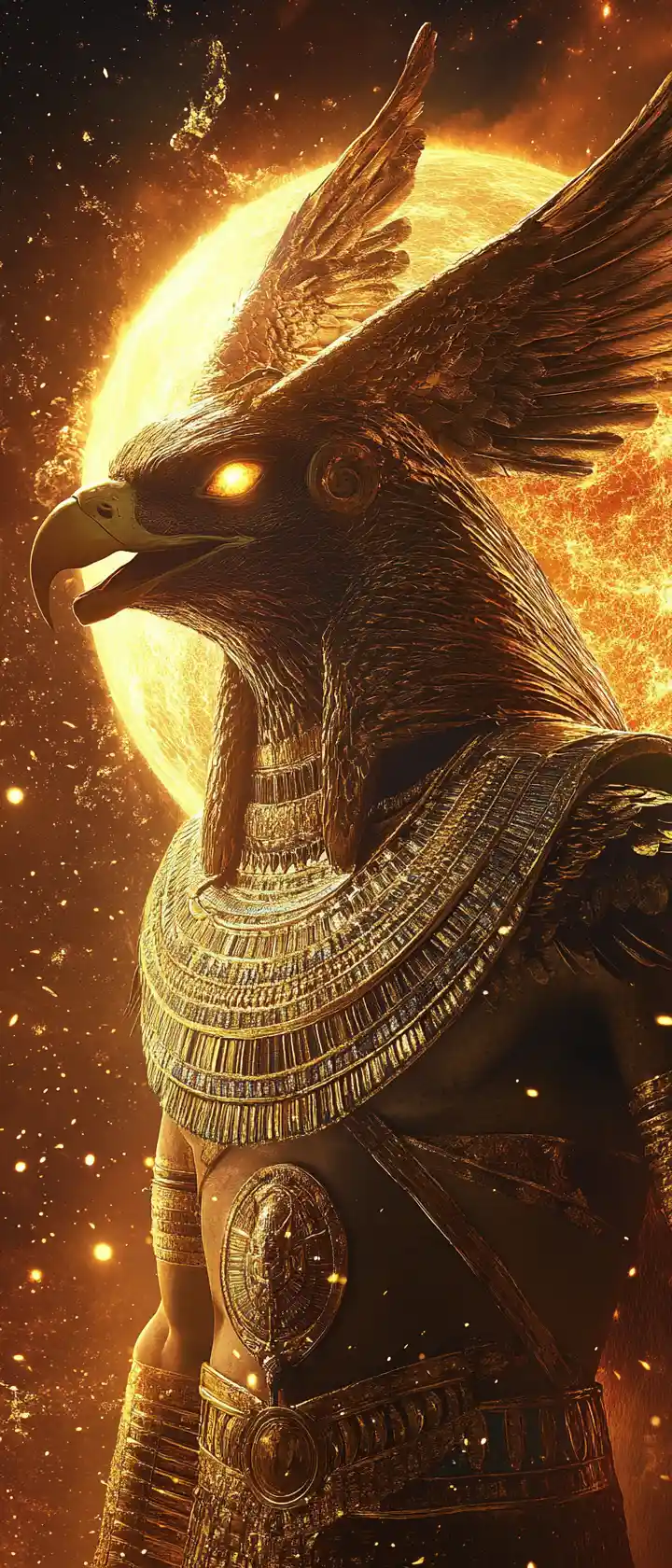 Cinematic close up of an Egyptian sun god in cosmic space