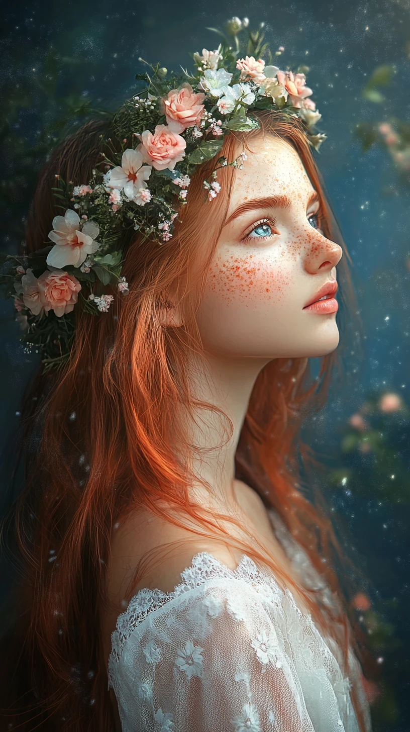 Ragazza anime con corona di fiori sotto un cielo blu stellato