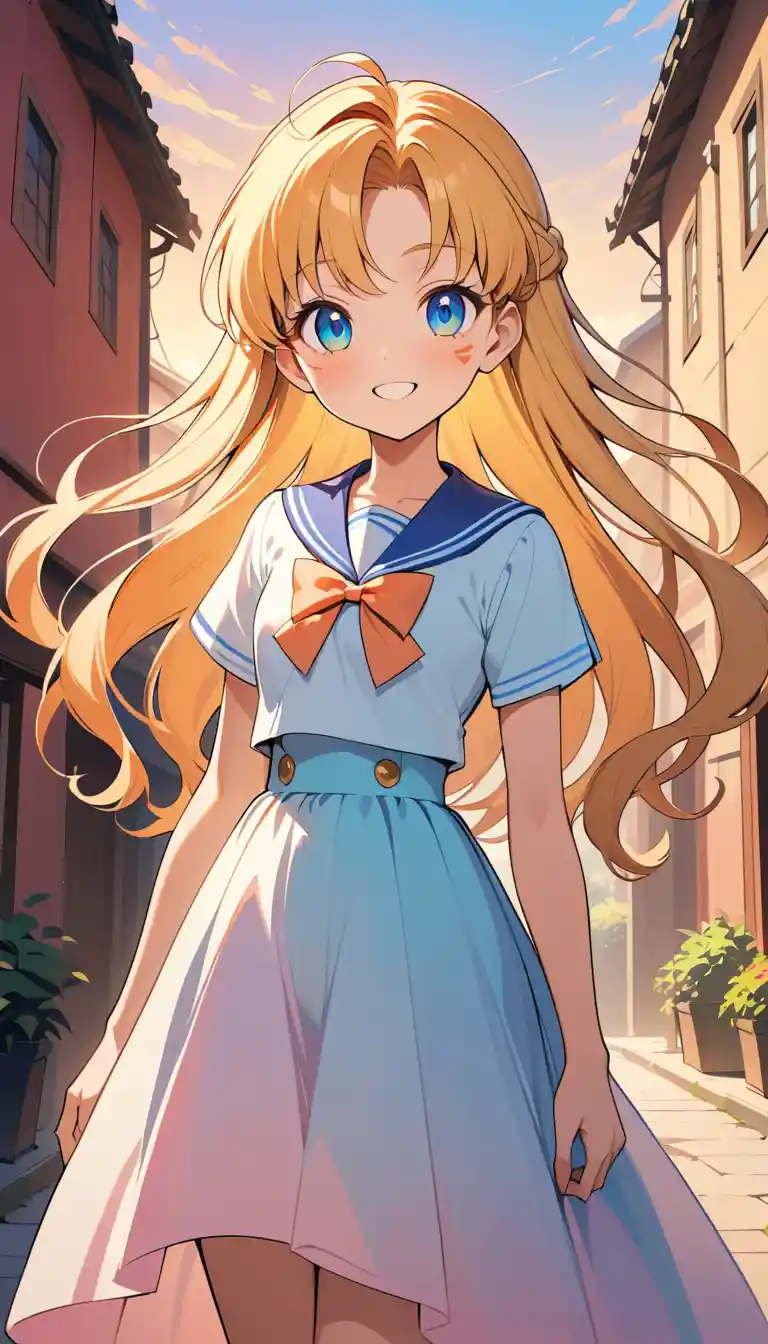 Smiling blonde anime woman at golden hour outdoors