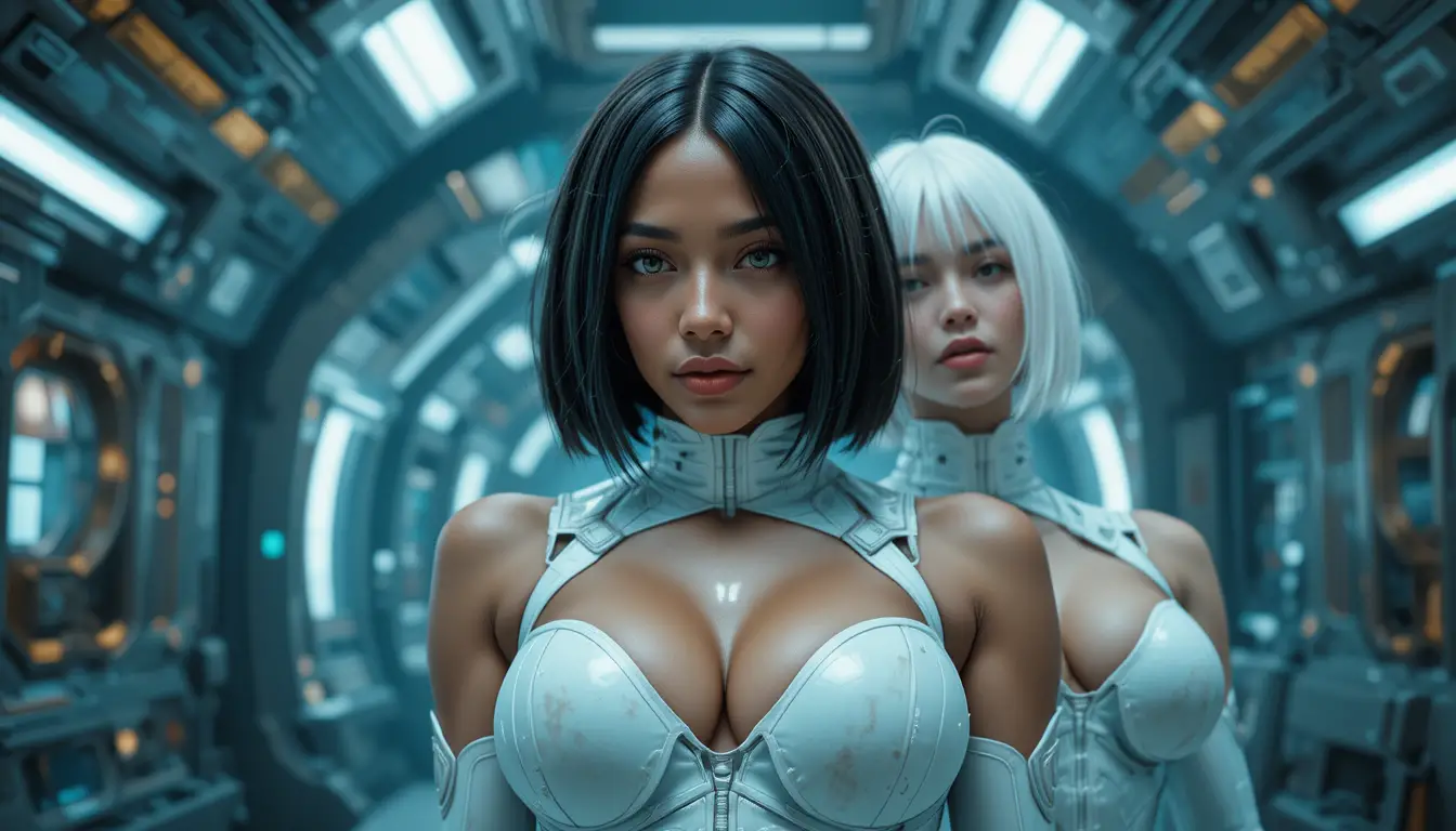 Two sci fi women in tight space suits on alien world