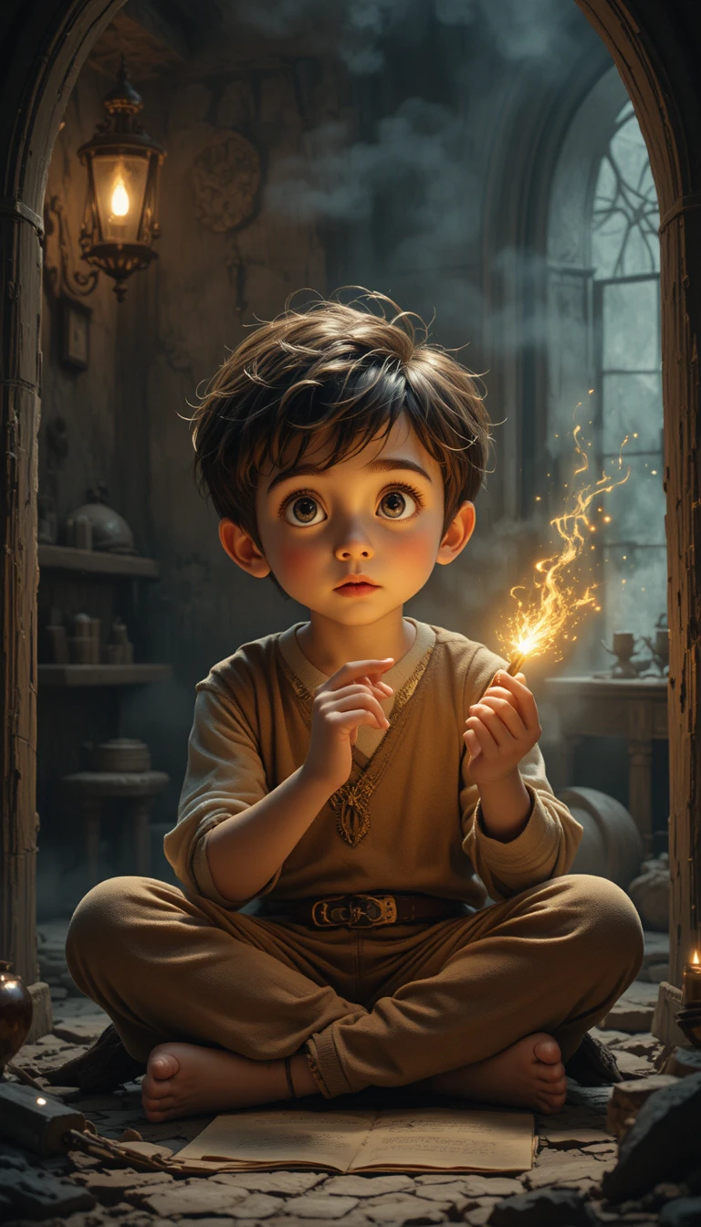 Niño sosteniendo una pluma mágica brillante en una habitación tenue